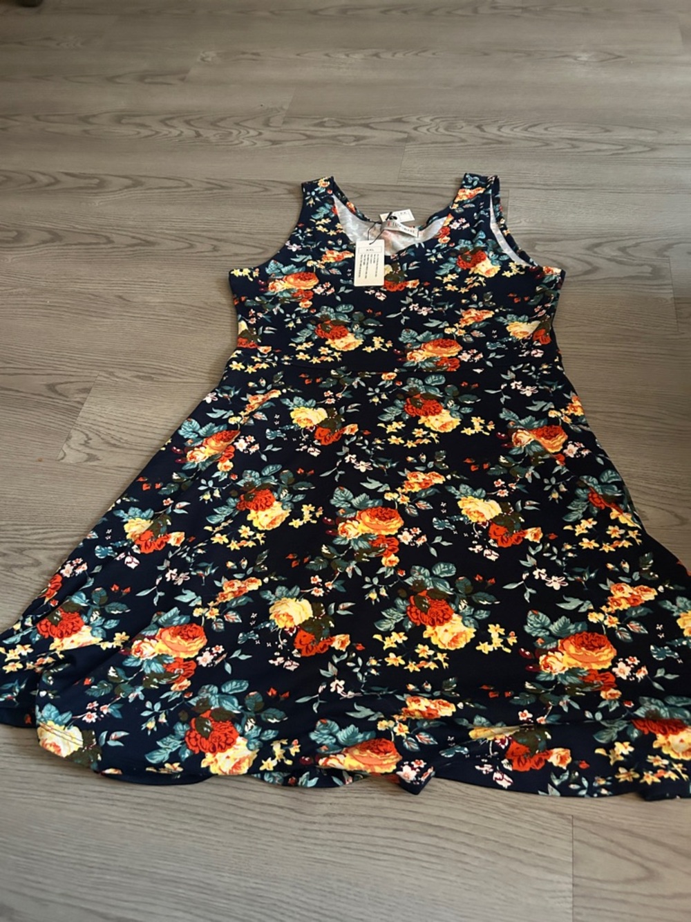 Sleeveless Navy Floral Midi Dress with Yellow & Orange Blooms